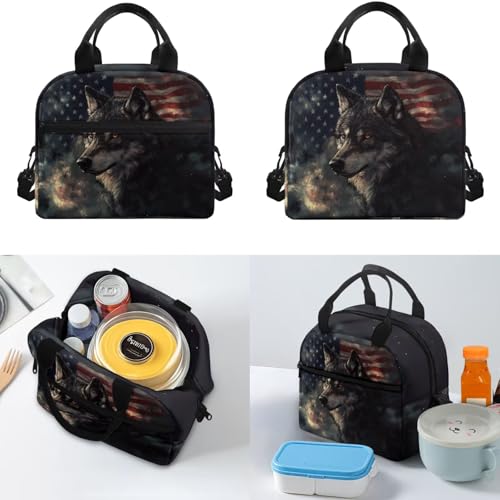 American Flag Wolf Backpack for Girls Kids Backpack with Lunch Box for Boys Set of 4 School Backpacks Matching Combo Back to School Gifts and Pencil Case Pouch for Teens Children Ages 6-12 - color: American Flag Wolf