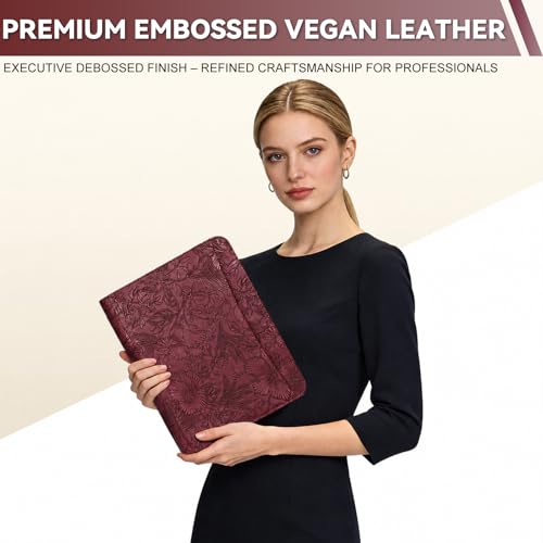 Leathario Portfolio Binder, Includes 5 Sheet Protectors and a Pen, 13 Inch Tablets Organizer, Vegan Leather A4 Padfolio, Multi-Pocket Notepad Business Planner Professional Document - color: Relief Red