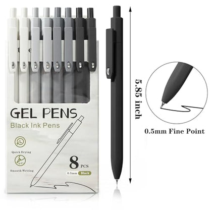 Piochoo Black Gel Pens, 8Pcs Fine Point Black Ink Smooth Writing Pens for Journaling, Nurse Aesthetic Cute Office School Supplies, Gifts for Women and Men(8Pcs Black White Grey-Black Ink) - color: White Black