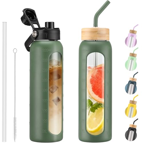 Kodrine 32 oz Glass Water Bottle with Straw & Spout Lids, Motivational Time Marker, Borosilicate Glass Bottle with Silicone Sleeve, Leakproof, Wide Mouth, BPA-Free for Gym, Fitness & Travel-Olive - color: Olive, size: 32 Ounces