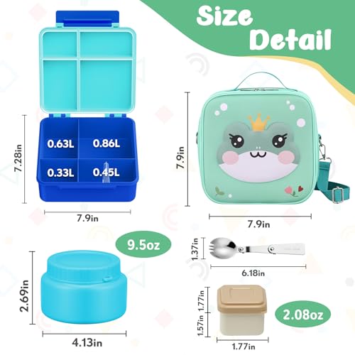 Kids Bento Box - 4 Compartment, Leak-Proof, with Soup Thermo | 9oz Soup Thermo Included, Insulated Lunch Bag, For Boys & Girls, School & Travel - color: Frog-Blue