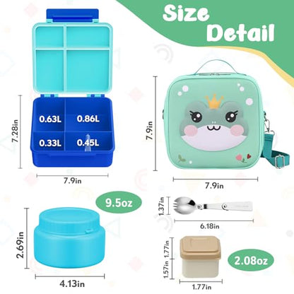 Kids Bento Box - 4 Compartment, Leak-Proof, with Soup Thermo | 9oz Soup Thermo Included, Insulated Lunch Bag, For Boys & Girls, School & Travel - color: Frog-Blue
