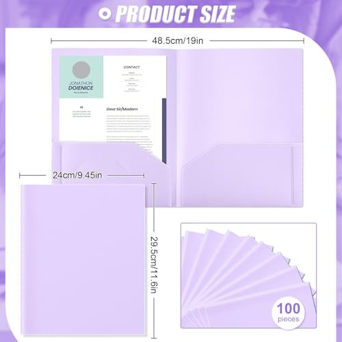 Gueevin 100 Pack Plastic Folder with Pockets, 2 Pocket Folders, Plastic Glossy Folders Fit Letter Size Paper, Heavy Duty Durable File Folder with Business Card for Home Office School (Light Purple) - color: Light Purple