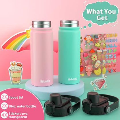 baab 18oz Kids Water Bottle, Insulated Kids Water Bottle with Lockable Spout Lid & Stickers, 18/8 Stainless Steel Vacuum Leakproof Kid Water Cup for Boy Girl School (Pink+Mint Green, 2 Pack) - color: Pink+Mint Green, size: 18 Ounces