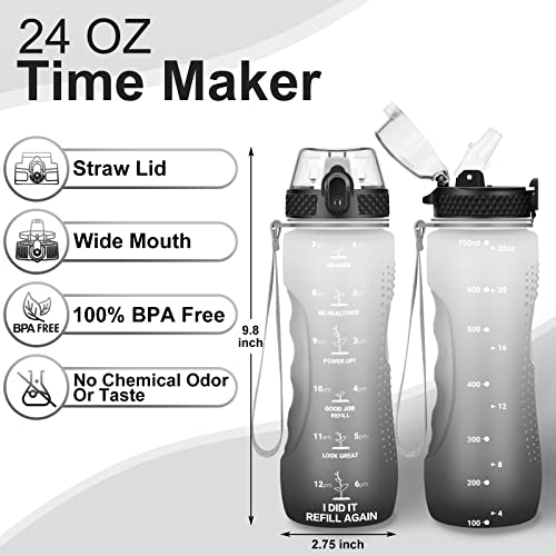 Kids Water Bottle, 24 oz Tritan BPA-Free, Leak Proof, White Black | Motivational Time Markers, Straw Lid, Wide Mouth, for Home, School & Summer Camp-1 Lid Included - color: White Black