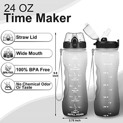 Kids Water Bottle, 24 oz Tritan BPA-Free, Leak Proof, White Black | Motivational Time Markers, Straw Lid, Wide Mouth, for Home, School & Summer Camp-1 Lid Included - color: White Black