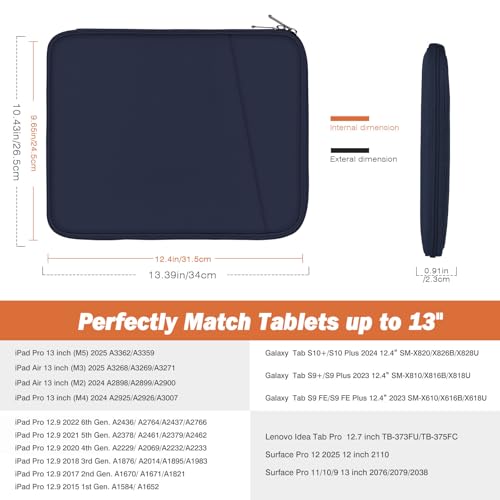 MoKo 13 Inch Tablet Sleeve Bag Carrying Case with Accessory Pocket | Fits iPad Pro 13-inch M5, iPad Air 13-inch M4/M3, iPad Pro 12.9 M2/M1 and Galaxy Tab S8+/S9+ 12.4, Dark Blue - color: Indigo, size: 12.9-13 inch