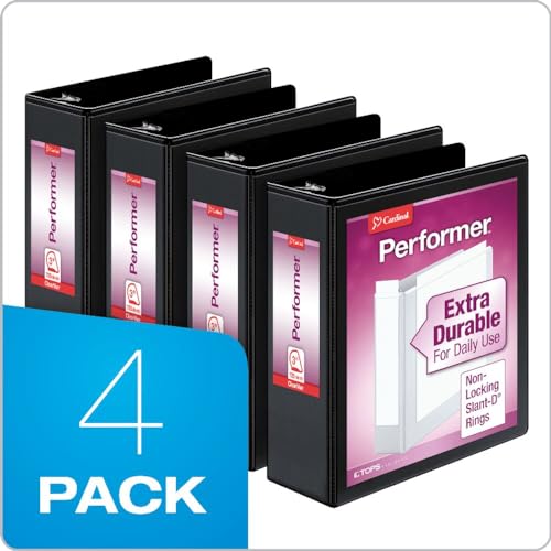 Cardinal Performer 3-Ring Binders, 3", Non-Locking Slant-D Rings, 725-Sheet Capacity, ClearVue Presentation, Non-Stick, PVC-Free, Black, 4-Pack (27601) - size: 3-Inch