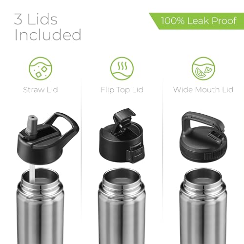 SipX™ 18 oz Insulated Water Bottle with 3 Lids – Leakproof Stainless Steel, Triple Insulated – Cold 24 Hours/Hot 12 Hours – Durable Bottle for School, Gym, Travel – Stainless - color: Stainless, size: 18 Ounces