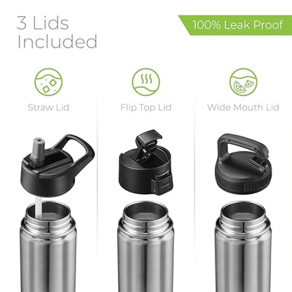 SipX™ 18 oz Insulated Water Bottle with 3 Lids – Leakproof Stainless Steel, Triple Insulated – Cold 24 Hours/Hot 12 Hours – Durable Bottle for School, Gym, Travel – Stainless - color: Stainless, size: 18 Ounces
