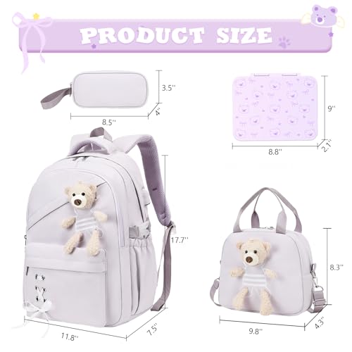 ACESAK Backpack for Girls with Bento Box - 4 PCS Cute Girls Backpack with Lunch Box, Pencil Case & Bento Box Set - 43oz Leakproof Lunch Box Kids Snack Containers Set Back to School Supplies (Purple) - color: Purple