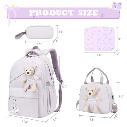 ACESAK Backpack for Girls with Bento Box - 4 PCS Cute Girls Backpack with Lunch Box, Pencil Case & Bento Box Set - 43oz Leakproof Lunch Box Kids Snack Containers Set Back to School Supplies (Purple) - color: Purple
