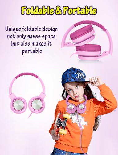 Voopwink Kids Headphones with Microphone, Wired Over Ear Headsets with Limited Volume 85dB/ 94dB for Boys Girls Teens Children Online School/Travel/iPad/Tablet/Cellphone - color: Rose Pink, size: Plug 3.5mm