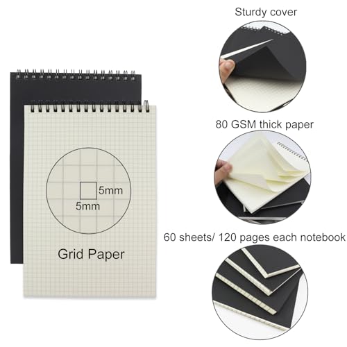 4 Pack Graph Paper Notebook, A5 Top Wirebound Grid Spiral Notebook 5.8" x 8.3",60 Sheets,5mm x 5mm Grid Paper,Grid Notepad for Students, Math, Engineering (Black) - color: Black (4pcs)