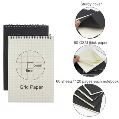4 Pack Graph Paper Notebook, A5 Top Wirebound Grid Spiral Notebook 5.8" x 8.3",60 Sheets,5mm x 5mm Grid Paper,Grid Notepad for Students, Math, Engineering (Black) - color: Black (4pcs)