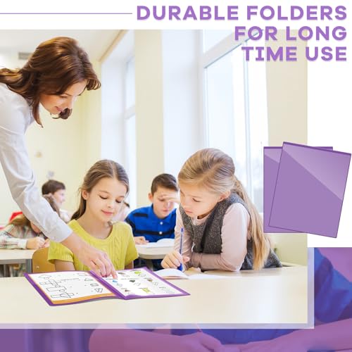 Henoyso 48 Pcs Purple School and Home 2 Pocket Folders with 4 Clear Inner Pockets Plastic Heavy Duty Homework Folders Parent Teacher Communication for Student Home Office Classroom,11 x 9 Inch - color: Purple