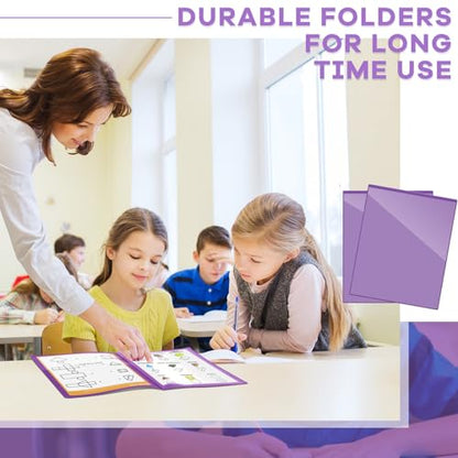 Henoyso 24 Pcs School and Home 2 Pocket Folders with 4 Clear Inner Pockets Plastic Heavy Duty Homework Folders Parent Teacher Communication for Student Home Office Classroom,11 x 9 Inch (Purple) - color: Purple