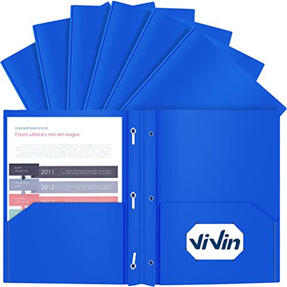 ViVin 12 Pack Plastic Folders with Pockets and Prongs, Heavy Duty 2 Pocket Folders with 3-Prong Fasteners, Poly File Holds 8-1/2" x 11" Paper for School Office Home (Blue) - color: Blue, size: 12 PACK