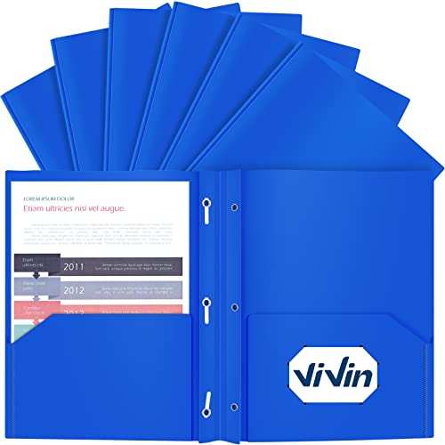 ViVin 12 Pack Plastic Folders with Pockets and Prongs, Heavy Duty 2 Pocket Folders with 3-Prong Fasteners, Poly File Holds 8-1/2" x 11" Paper for School Office Home (Blue) - color: Blue, size: 12 PACK