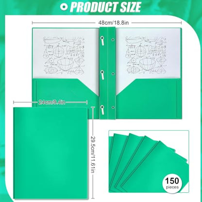Yeaqee 150 Pack Plastic Folders with Prongs Heavy Duty Plastic 2 Pocket Folder with 3 Prongs, Business Card Slot for Back to School Office Home 11.6 x 9.5 Inch (Green) - color: Green