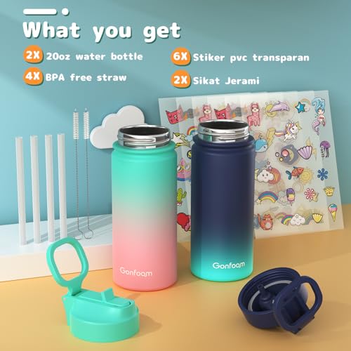 Gonfoam 16oz Kids Stainless Steel Insulated Water Bottle, 2 Pack | DIY Stickers, BPA-free, Leak-proof, Sturdy, Keeps Cold 24h, Easy to Carry, Easy to Clean, Back to School, Gifts - color: Blue+Green, size: 16 Ounces