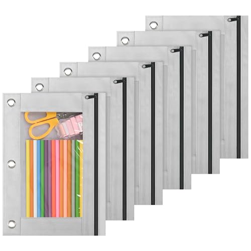 Lanpn Pencil Pouch for 3 Ring Binder 6 Pack, Aesthetic Binder Pen Holder with Zipper, 3 Holes Pencil Bags Organizer for Boy Girl Kids School Student, Reinforced Grommets & Clear Window, Grey - color: Grey, size: 6 Pack