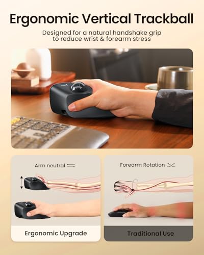 ProtoArc EM05 Vertical Trackball Mouse, Ergonomic Wireless Trackball Mouse | 62 tilt angle reduce wrist strain. Bluetooth & 2.4G for Windows/macOS. Quiet clicks for office. Ideal for narrow desks - color: Gray