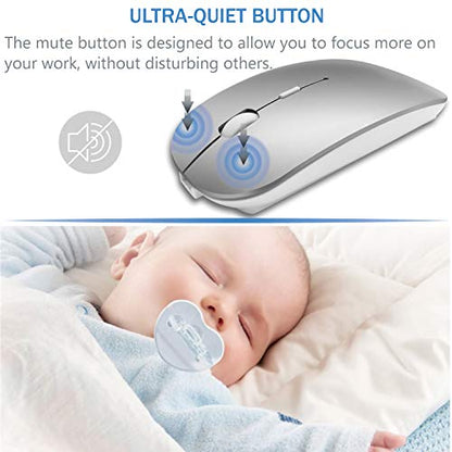 Bluetooth Wireless Mouse for MacBook Air Mac Pro Laptop Computer iPad Pad PC Laser Optical Rechargeable Mini Slim Silent Mouse Widely Used Desktop Hp iMac (Silver) - color: Silver