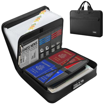 JUNDUN Fireproof Document Organizer with Lock | 13 Pockets Accordion File Organizer with Handle & Zipper, Multi-Pockets Organizer Folder for Files and More
