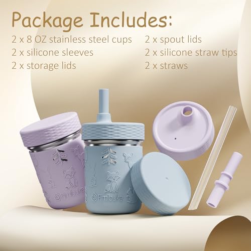 Fimibuke Toddler Cups Spill Proof, 8 OZ Sippy Cups for Kids Girl Boy, Stainless Steel Tumbler with Lid, Removable Silicone Straw & Sleeve, BPA Free Dishwasher Safe Water Bottle Snack Container 2 Pack - color: Purple/Blue, size: 8 Ounces