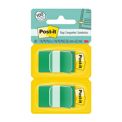 Post-it Flags, 1 x 1.7 in, Green, 2 Dispensers, 50 Flags/Dispenser | Removable Page Markers for Planners, Journals, and Calendars - color: Green, size: 0.3" x 2.7"