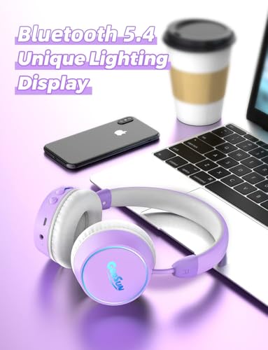Kids Bluetooth Headphones, 85dB Volume Limited, 68 Hours Playtime, Bluetooth 5.4, Colorful LED Lights Toddler Headphones Wireless with Microphone, Birthday Gift for 1-13 Year Olds (Purple)