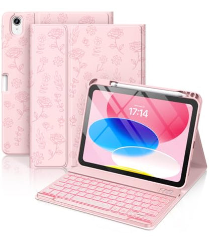 Hamile for iPad 11th 10th Generation Case with Keyboard - 7 Colors Backlit Wireless Detachable Folio Keyboard Cover with Pencil Holder for iPad A16 11-inch 2025 10th Gen 10.9 Inch 2022 (Pink Rose) - color: Pink Rose