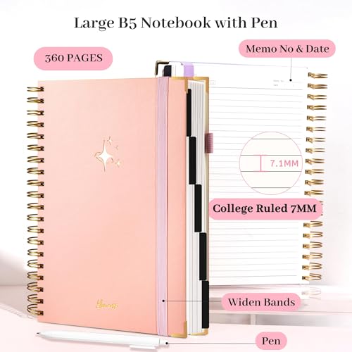 FLYING EAGLE Leather Spiral Notebooks for Work 5 Subject Notebook College Ruled with Dividers Pen, 360 Pages B5 Hardcover Lined Journals for Women Men Writing,Pink - color: C.pink