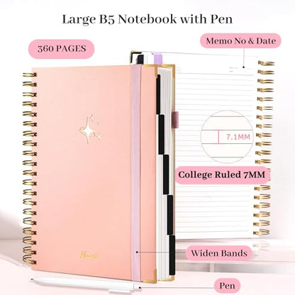 FLYING EAGLE Leather Spiral Notebooks for Work 5 Subject Notebook College Ruled with Dividers Pen, 360 Pages B5 Hardcover Lined Journals for Women Men Writing,Pink - color: C.pink