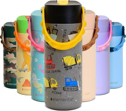 Elemental Insulated Kids Water Bottle, Stainless Steel Water Bottle with Straw Lid & Pop-It Handle, Leak-Proof Water Bottles for School, Boys or Girls, Travelling and Sports, 18oz - Construction - color: Construction