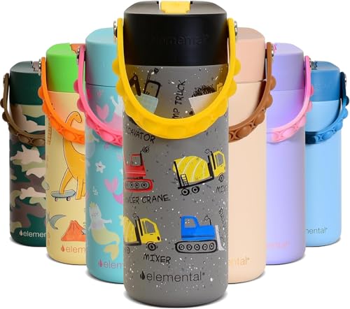 Elemental Insulated Kids Water Bottle, Stainless Steel Water Bottle with Straw Lid & Pop-It Handle, Leak-Proof Water Bottles for School, Boys or Girls, Travelling and Sports, 18oz - Construction - color: Construction
