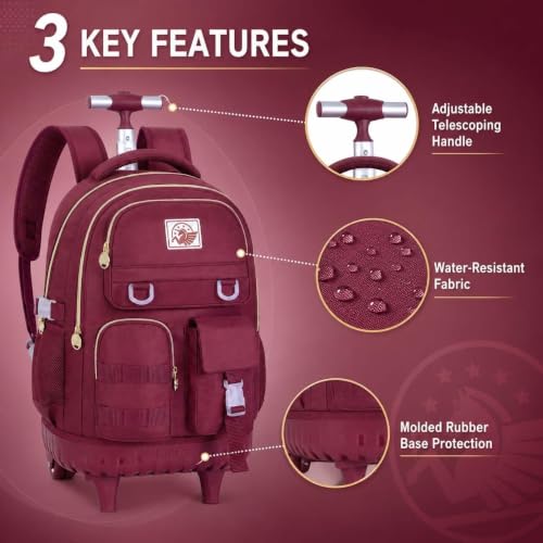 WZLVO Rolling Backpack for Girls Women, 21 inch Roller Wheels Backpacks for School, Water Resistant Wheeled Bookbag with Lunch Box - Red - color: Red