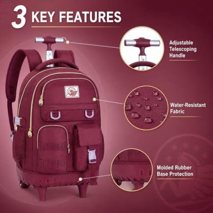 WZLVO Rolling Backpack for Girls Women, 21 inch Roller Wheels Backpacks for School, Water Resistant Wheeled Bookbag with Lunch Box - Red - color: Red