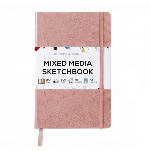 Beechmore Books 300 GSM Heavyweight Mixed Media Sketchbook A5 5.8"x8.3" - 96 Pages, Vegan Leather Hardcover Professional Art Journal for Paintings, Gouache and Ink - color: Rose Wood, size: A5 - 5" x 8" Medium