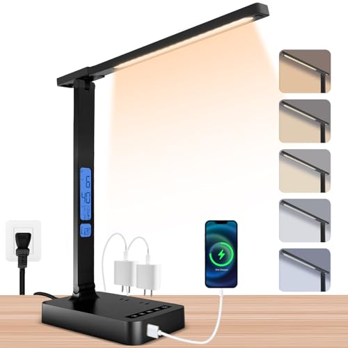 snsok Smart Desk Lamp with Dual USB Charging (Type-C/USB-A) & 2 AC Outlets, Digital Clock, Temperature Display, 5 Color Modes, 5 Brightness, Adjustable - for Office, Bedroom, Dorm Room, Study - color: Black Pro, size: Tall Version -16.73 inch
