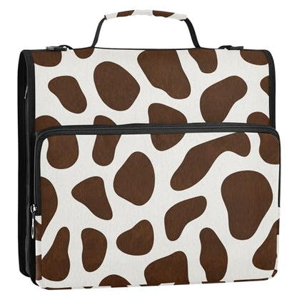 Brown Cow Print Zipper Binder 3 Ring with Shoulder Strap, Multiple Pockets Expanding File Folder Binder Bag Organizer