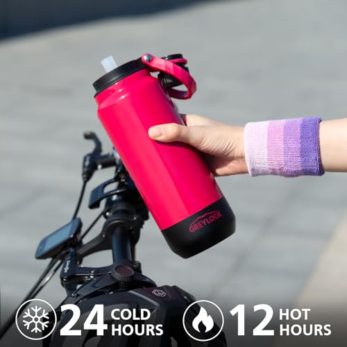 GREYLOCK 32 oz Insulated Water Bottle with Straw Lid, Leakproof Reusable Stainless Steel Vacuum Flask, 24hr Cold & Hot, Carry Handle & Silicone Spout, BPA-Free for Gym, Hiking, Travel, Red - color: Raspberry Ridge, size: 32 Ounces