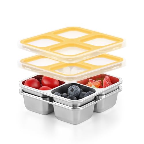 BEFOY 4 Pack Stainless Steel Snack Containers with Lids 4 Compartment Food Storage Containers for Adults & Kids Meal Prep Containers Reusablele (Yellow, 2) - color: Yellow, size: 2