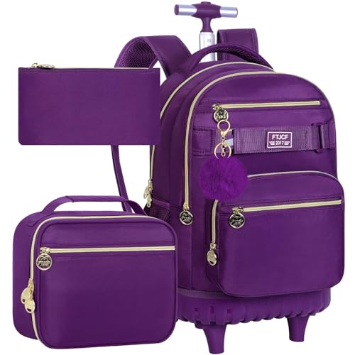 3Pcs Rolling Backpack for Girls Women, 19 Inche Adults Roller Backpacks with Wheels, School Wheeled Bookbag with Lunch Box(Deep Purple) - color: Deep Purple
