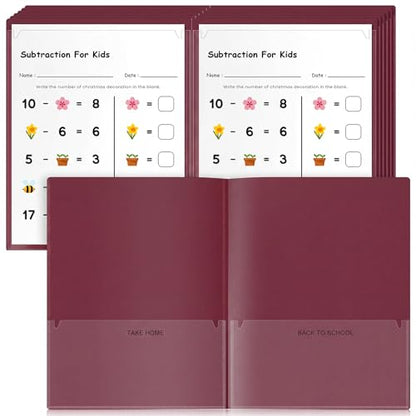 Henoyso 24 Pcs Plastic Folders with Clear Front Pockets Heavy Duty Take Home Back to School Pockets Homework Folders for School Students Parent Teacher Classroom Communication (Burgundy) - color: Burgundy