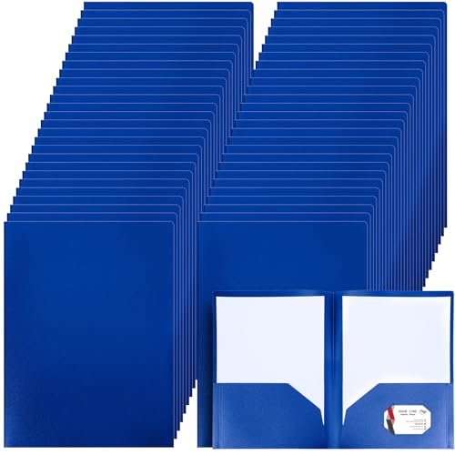 Patelai 50 Pack Plastic Folders with Pocket Bulk 2 Pocket Heavy Duty Letter Size Folders Business Card Holder for School Office File(Blue) - color: Blue