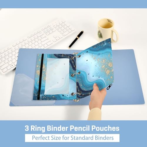 Kcldeci Pencil Pouch for 3 Ring Binder, Ocean Marble Blue Gold 2 Pack Binder Pencil Pouch with Clear Window Pencil Bags with Zipper Pencil Case for Binder - color: B09