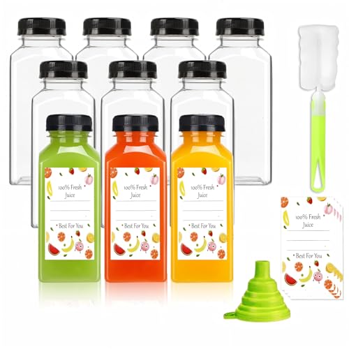 Plastic Juice Bottles with Caps 10pcs 12oz, Reusable Juice Containers with Black Tamper-Evident Lids, Clear Bottles for Juicing, Milk, Smoothie Bottle, Drinking with 10 Labels, Brush and Funnel