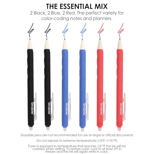 Grabie Erasable Gel Pens, 6 Pack Black Blue Red 0.7 mm Pens | Black Blue Red Ink, Clean Erasing, Smooth Writing, Comfortable Grip, Quick Drying, Ideal For Students, Journaling - color: Black/Blue/Red